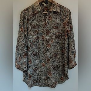 Nordstrom Pleione Gray Floral Collared Blouse Button Up Sleeves Polyester Size S